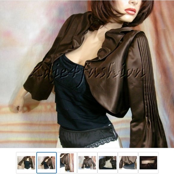 NWT ANGEL SANCHEZ Gorgeous Satin Brown Ruched Silk Crop Bubble Jacket 12